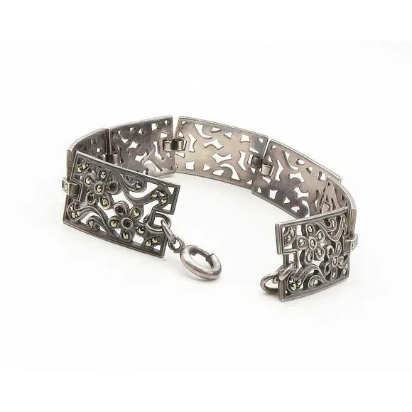 925 Sterling Silver Vintage Marcasite Floral Motif Chain Bracelet BT5512